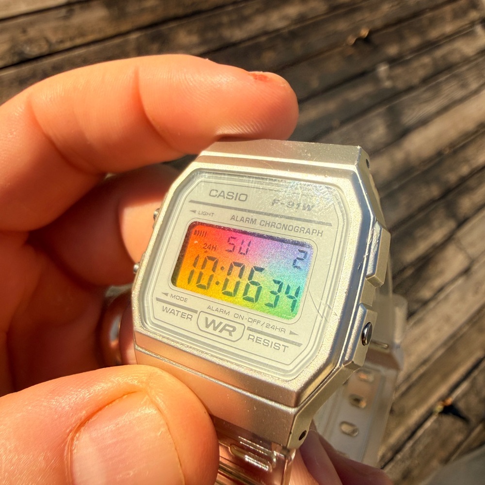 Rainbow Mod Casio F-91W Silver Digital Watch